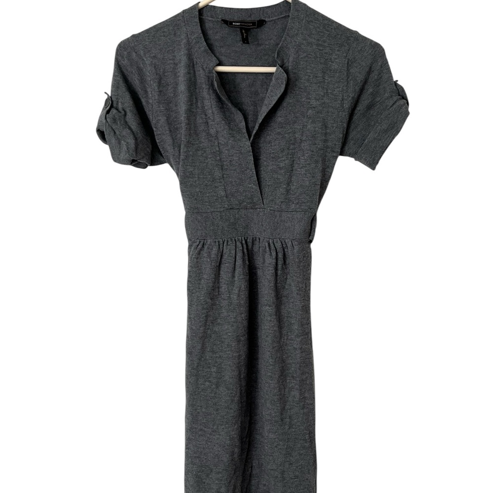 BCBG MaxAzria Merino Wool VNeck ShortSleeve Defined Waist Sweater Dress Gray S